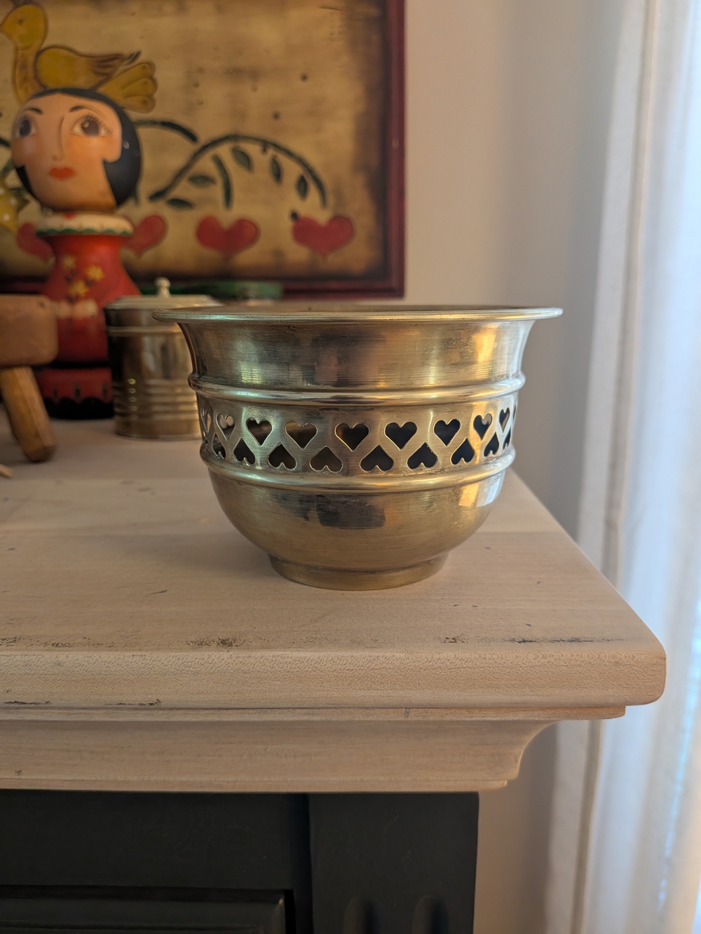 Brass Cachepot Bowl Made in India Vintage Heart Cutout Small Planter